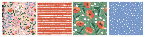 Set of Hand drawn flowers, polka dot, stripe, abstract backgrounds. Seamless patterns with floral for fabric, textiles, clothing, wrapping paper, cover, interior decor.