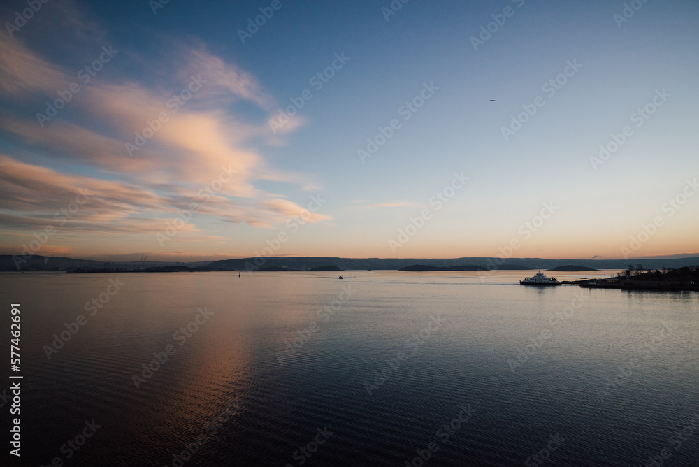 Horizontal shot of the sunrise in Oslo fjord, Norway during winter time