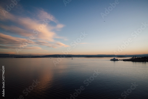 Horizontal shot of the sunrise in Oslo fjord, Norway during winter time