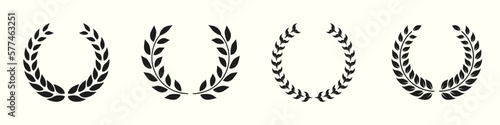 Laurel Wreath Silhouette Icon Set. Circle Leaf Award for Winner Glyph Pictogram. Victory and Prize Sign. Triumph Emblem. Vintage Olive Leaves Symbol. Champion's Trophy. Isolated Vector Illustration