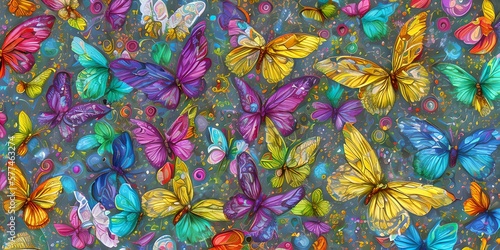 Drawing of a fantastic colorful butterfly  a flock of butterflies of different colors on a gray background ai Generated  generative AI  CGI graphics