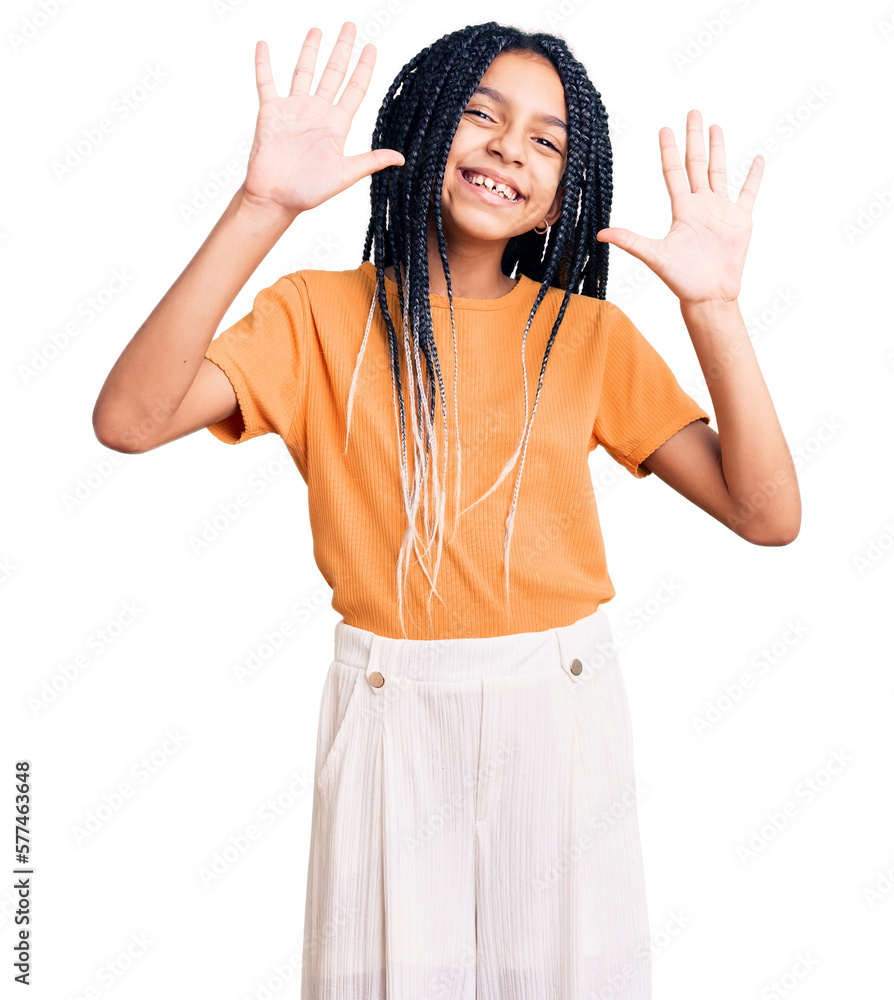 Cute african american girl wearing casual clothes showing and pointing up with fingers number ten while smiling confident and happy. Cute african american girl wearing casual clothes showing and pointing up with fingers number ten while smiling confident and happy.