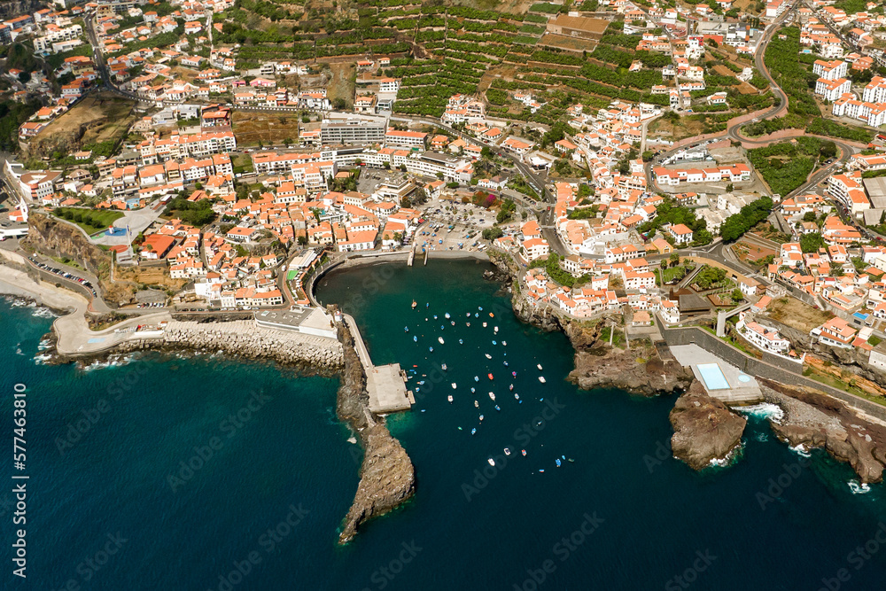 Drone aerial view of Camara de Lobos, Madeira island, Portugal.