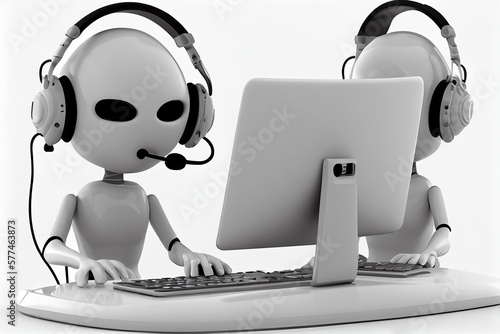 Cartoon character with headphones and laptop on white background. Help Desk Artificial intelligence. Generative AI