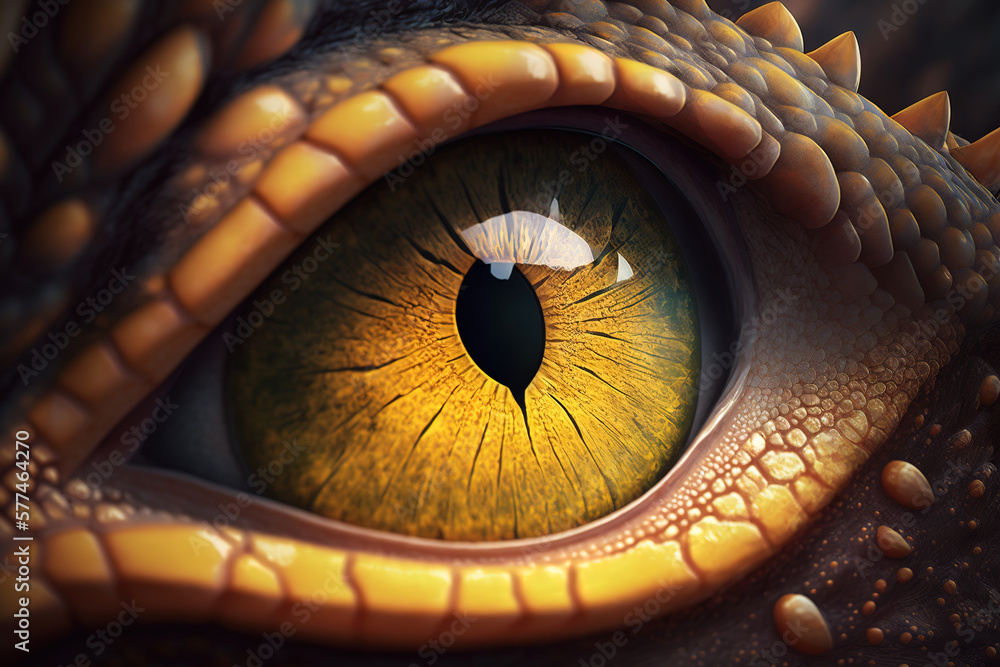 close-up yellow-green dinosaur eye, generative AI  fossil reptile vision  
