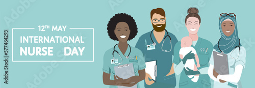 International team of nurses standing together, International Nurse Day background. Young happy smiling african and arabic women, bearded man, medical scrubs, stethoscope.  Horizontal vector banner