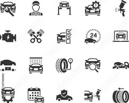 Vector set of car service flat icons. Contains icons check engine, car wash, mechanic, car diagnostics, car painting, tire service, tow truck and more. Pixel perfect.