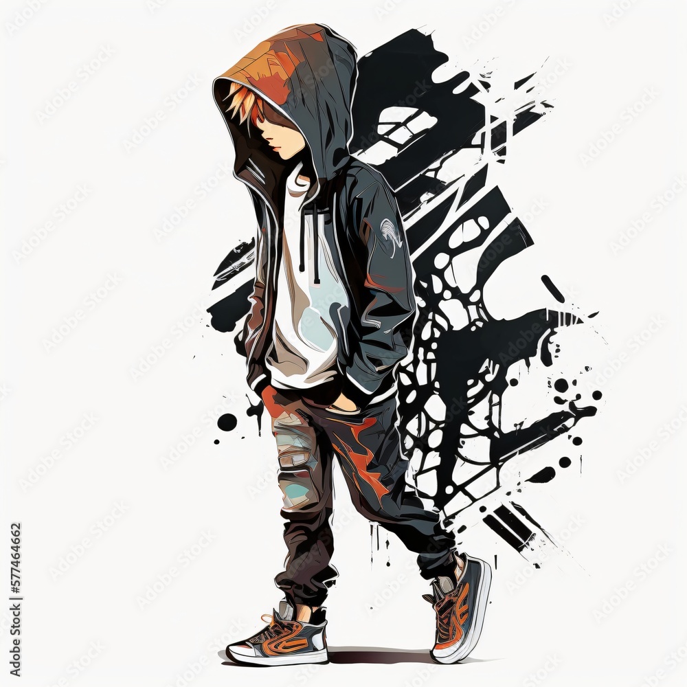Jeune garçon, portant un pull à capuche gris, hoodie, dessin façon manga,  avec graffiti, fond blanc, IA générative Illustration Stock | Adobe Stock