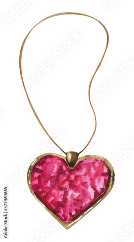 Viva magenta watercolor set. Pendant in the shape of a heart on a white background