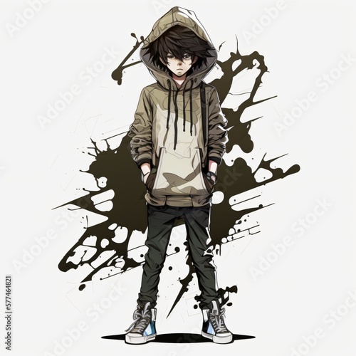 Jeune garçon, portant un pull à capuche, hoodie, dessin façon manga, avec graffiti, fond blanc, IA générative