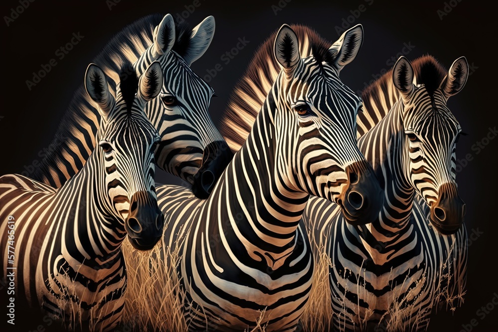 Four mature zebras pose for a portrait in the safari closeup. Generative AI - obrazy, fototapety, plakaty 