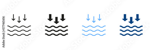 Low Tide Silhouette and Line Icon Set. Waves on the Sea or Ocean Black and Color Symbol Collection. Isolated Vector Illustration