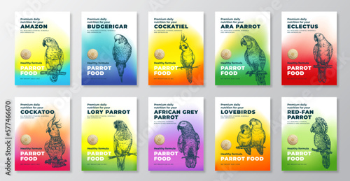 Pet Exotic Tropical Bird Food Product Label Templates Set. Abstract Vector Packaging Design Layouts. Modern Typography Banners with Hand Drawn Parrots Illustrations Backgrounds Collection Isolated