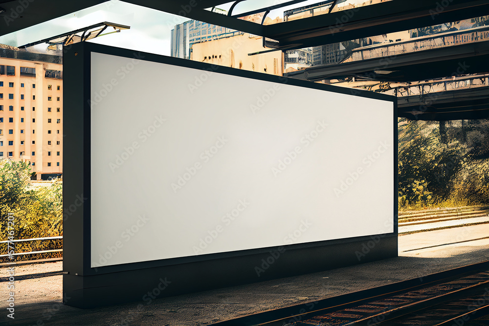 Blank mock up for outdoor advertising poster. Billboard on the train station. Showcase window in a city. Template for your image. Generative Ai. Blank mock up for outdoor advertising poster. Billboard on the train station. Showcase window in a city. Template for your image. Generative Ai.