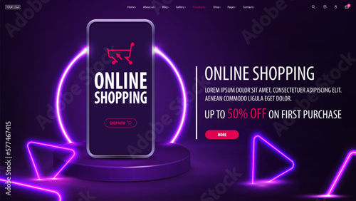 Online shopping, purple discount banner with offer and smartphone on purple podium with line neon ring on background and neon purple triangles around.