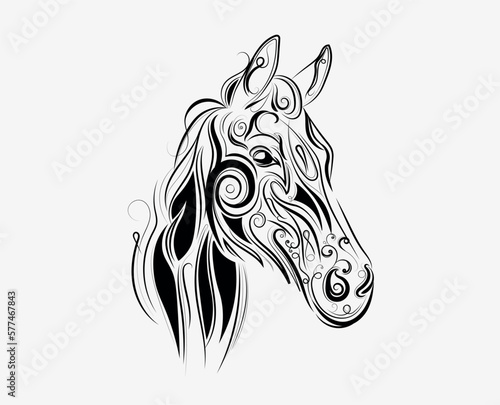 Fototapeta Naklejka Na Ścianę i Meble -  horse tattoo, black and white pattern line for drawing on the skin, tattoo art translation, stallion linear drawing