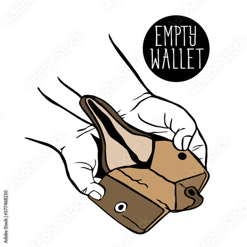 sketch in the hands of an empty open wallet. An open leather wallet without money and coins. An empty wallet in two hands without money, coins. The money crisis. fight poverty