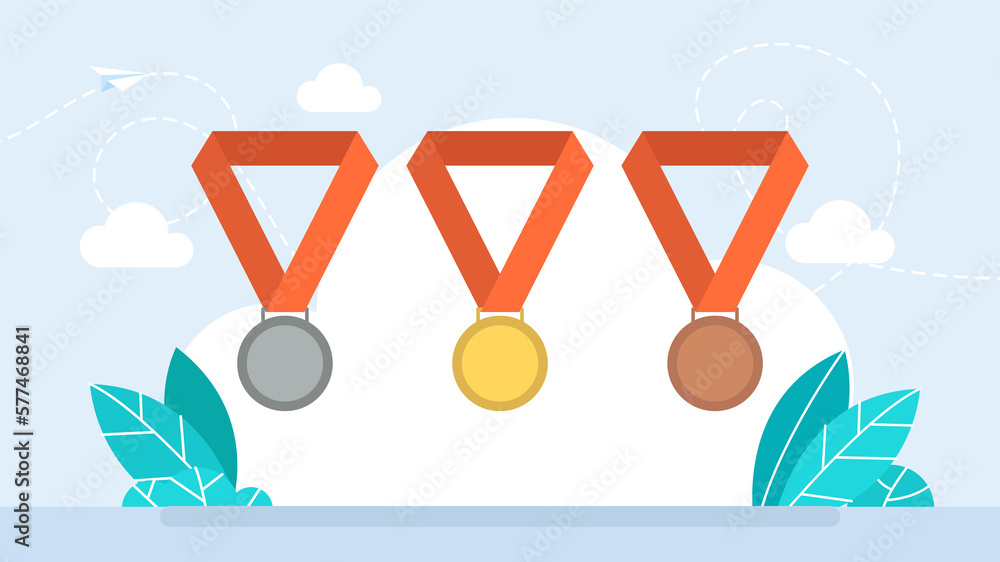 Gold, silver and bronze medals on red ribbons. Champion and winner ...