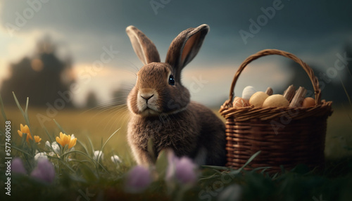 Cute Easter bunny sitting on the meadow next to the wooden basket 