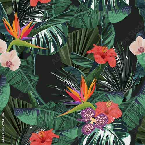 Abstract jungle summer background. Seamless floral tropical pattern with palm tree, orchid, hibiscus. Vector illustration. Vintage style. Retro print