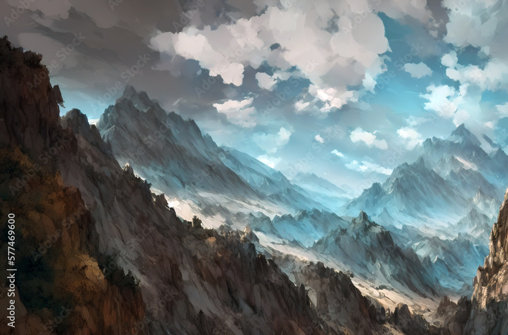 Mountains in clouds. Spectacular mountain landscape. Generative AI.