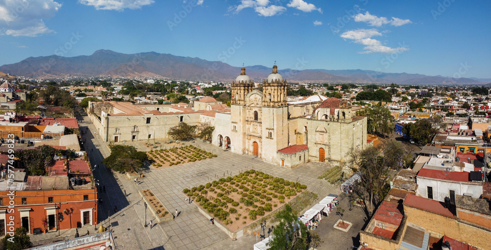 landmark Santo Domingo Cathedral in historic Oaxaca city center drone panorama mexico travel spring summer 
