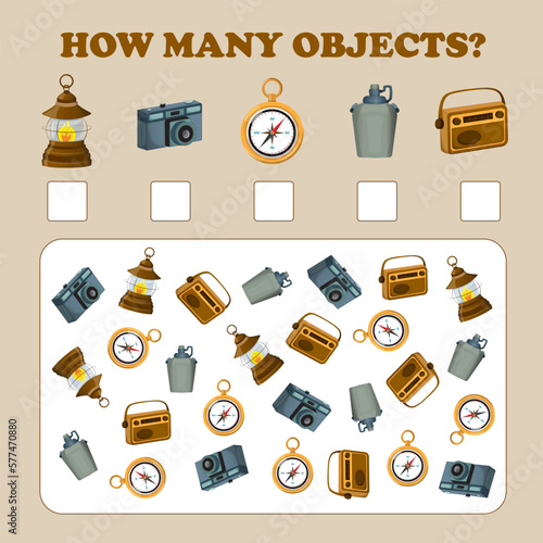 Educational math game. Count how many items. Find flask, compass, radio, camera and lamp. Developmental workbook.