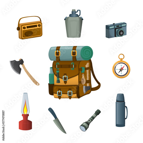 Set of backpacking essentials. Contents of the hiking backpack. Things for camping, hiking, travel. Vector illustration. Cartoon