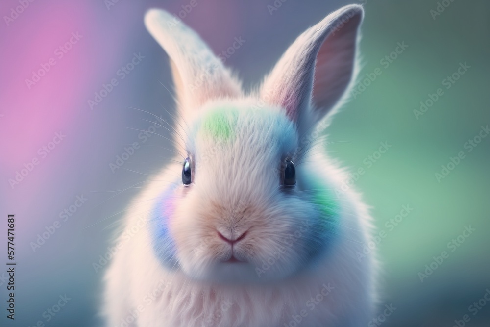 Obraz premium Fluffy Easter Bunny in colored spots on a gradient background. AI generated.