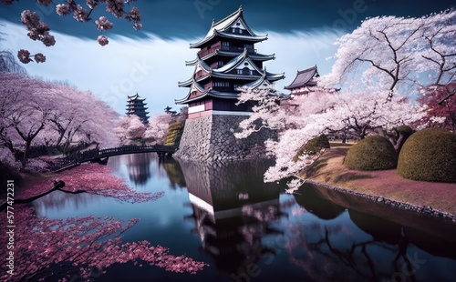 Cherry blossoms at the Hirosaki Castle Park in Hirosaki, Aomori, Japan, Generative AI photo