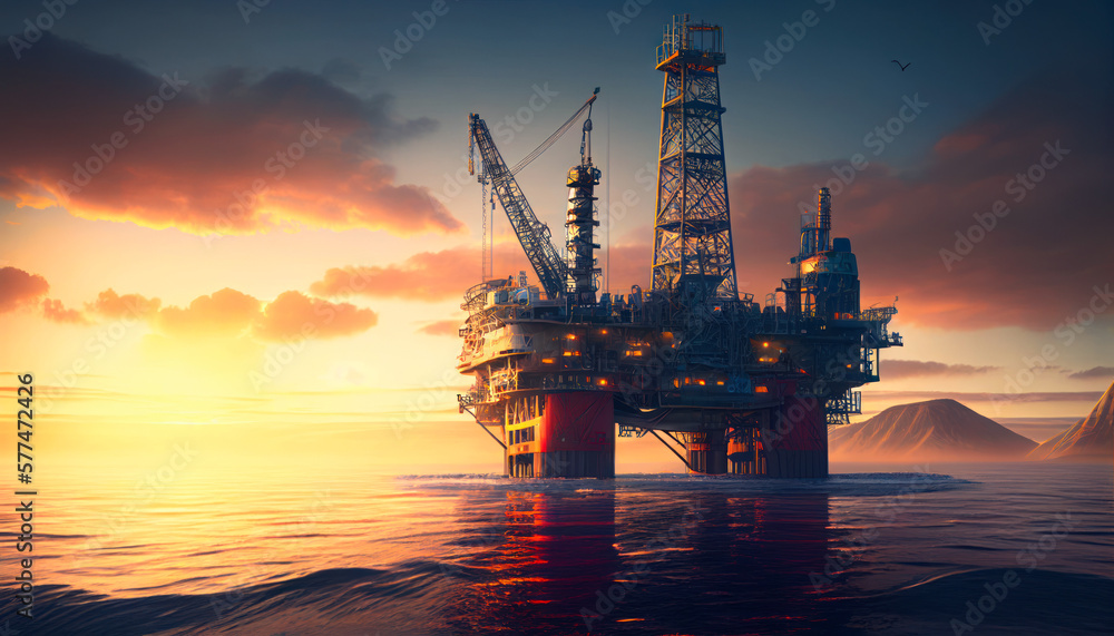 Oil rig at early morning. Offshore drilling rig extracting crude oil on the sea or ocean. Illustration for the power industry, petroleum engineering, technology, oilfield, AI generative