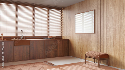 Wallpaper Mural Contemporary kitchen with wooden walls and frame mockup in orange tones. Big window with venetian blinds, cabinets, carpets and decors. Minimal interior design Torontodigital.ca