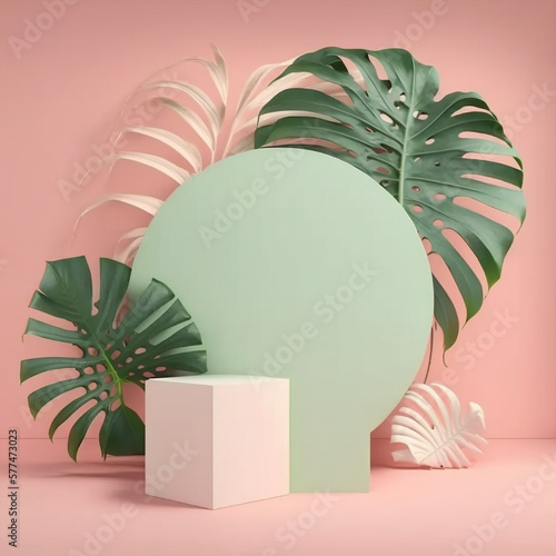 mockup scene with monstera leaves  and plant for make up, skin care and beauty set, pastel soft colors, ggenerative ai illustration photo