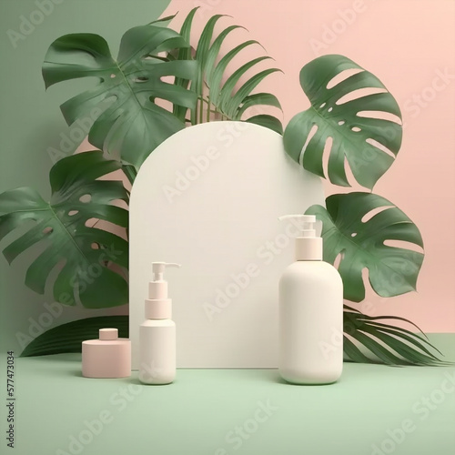 mockup scene with monstera leaves  and plant for make up, skin care and beauty set, pastel soft colors, ggenerative ai illustration photo