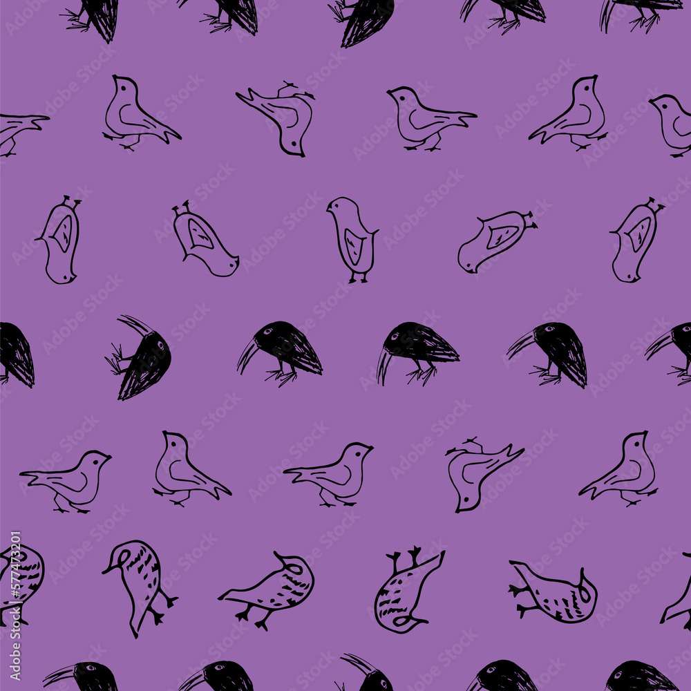 Obraz premium Black and Purple Organized Cartoon Birds Seamless Pattern