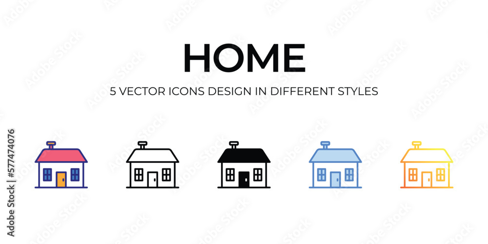 home Icon Design in Five style with Editable Stroke. Line, Solid, Flat Line, Duo Tone Color, and Color Gradient Line. Suitable for Web Page, Mobile App, UI, UX and GUI design.
