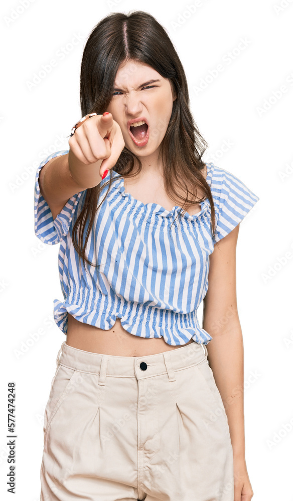 Young beautiful caucasian girl wearing casual clothes pointing displeased and frustrated to the camera, angry and furious with you Young beautiful caucasian girl wearing casual clothes pointing displeased and frustrated to the camera, angry and furious with you