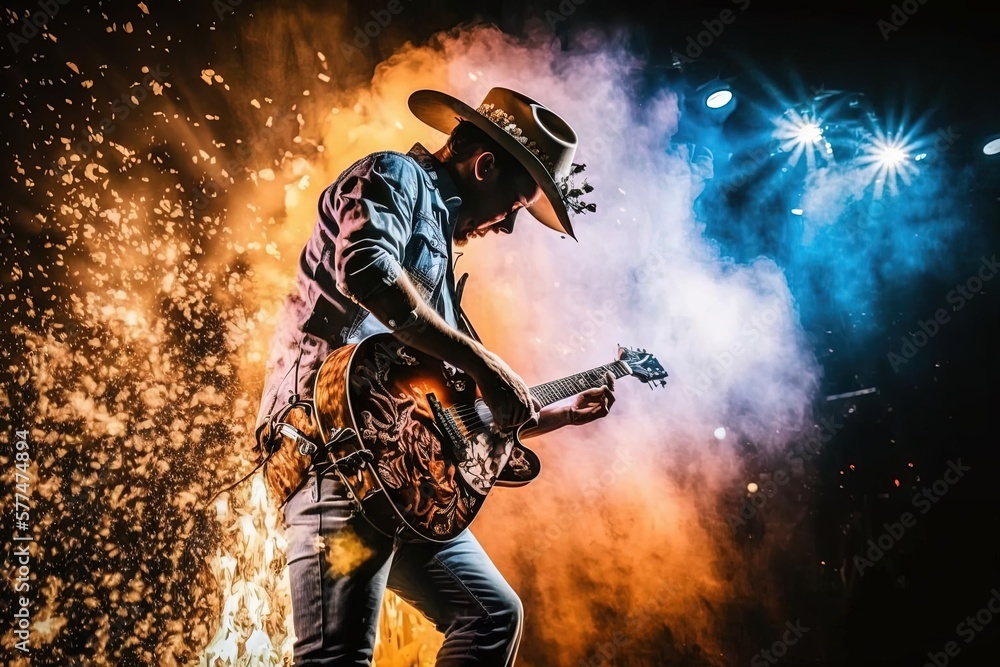 Cowboy Riffs Cowboy Guitarist Playing Country Music with Elaborate Stage Effects and ...