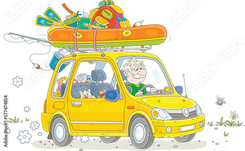 Experienced fisherman with his funny cat going fishing in a small car with an inflatable boat, a tourist backpack and a tent on a trunk, vector cartoon illustration isolated on white