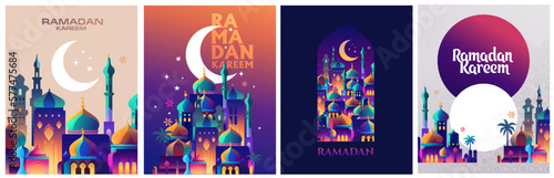 Ramadan Kareem Geometric style colorful greeting card or banner vector illustration of a lantern Fanus. the Muslim feast of the holy month of Ramadan Kareem. Translation Arabic: Generous Ramadan