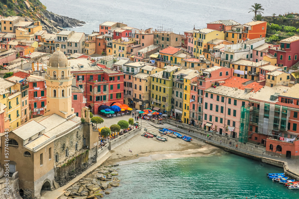 Vernazza bay above cliffs, Cinque Terre, Liguria, Italy with boats