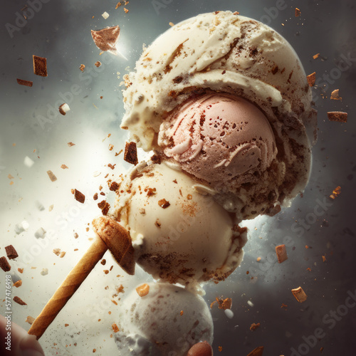 Explosion of ice cream, in a swirling tornado generating with AI
