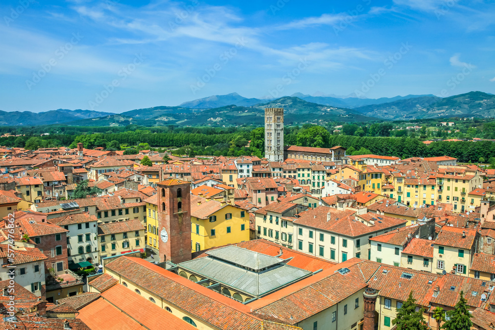 Above medieval old town of Lucca, Tuscany, Italy