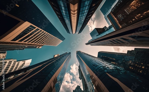 Looking directly up at the skyline of the financial district in central London, Generative AI photo