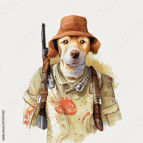 Hunting dog with hunting rifle on its back.