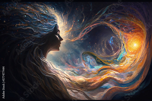 dramatic image captures essence of psychic waves, incorporating elements of color, and movement. focus on abstract woman with mystical and spiritual quality that evokes sense of wonder and awe. Ai photo