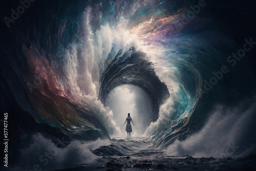 Psychic Waves | striking and powerful, with a sense of mystery and wonder. a silhouette person inside big colorful swirling wave. Ai