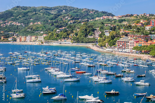 Obraz na płótnie Above Lerici bay and marina with sailboats, Cinque Terre, Liguria, Italy w salonie