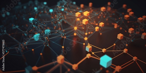 A graphic depiction of how different nodes on a decentralized network interact with each other through a blockchain. Generative AI. photo