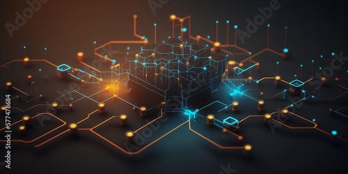 An illustration of a decentralized network with multiple nodes connected through blockchain technology. Generative AI. photo